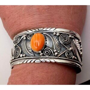 Wide Southwest Sterling Silver Orange Spiny Oyster Shell Cuff Bracelet 56g